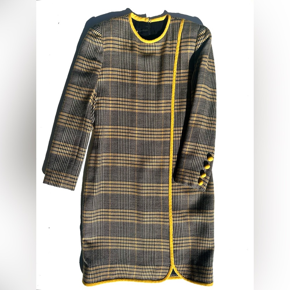 EUC David Hayes Plaid Wool Tweed Dress with Yellow Textured Trim, Gray, 4